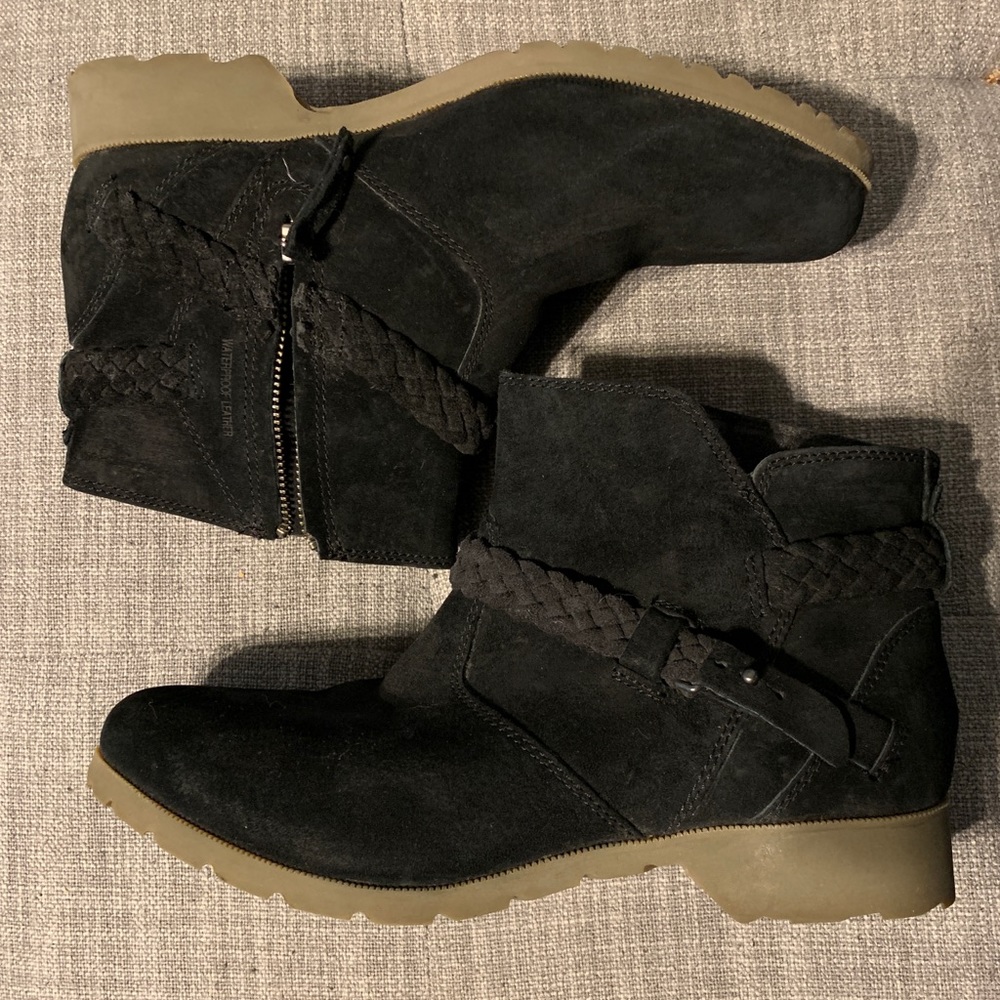 Teva black suede booties with braid trim